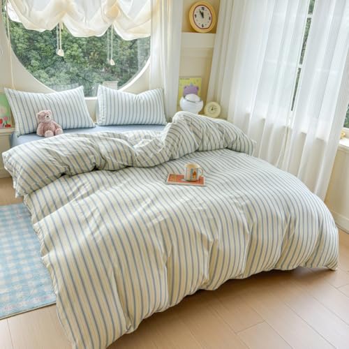 BlueBlue Stripe Duvet Cover Set Twin 100% Cotton Soft Lightweight Gauze Bedding Blue Line Stripes on White 1 Abstract Geometric Comforter Cover 2 Pillowcases (Twin) BlueBlue