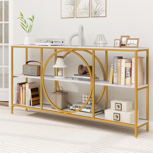 Giantex Narrow Long Console Table, 3-Tier Entryway Table with Faux Marble Top & Heavy-Duty Metal Frame, Mid-Century Accent Sofa Tables with Open Storage Shelves for Living Room, Hallway(White+Gold) Giantex