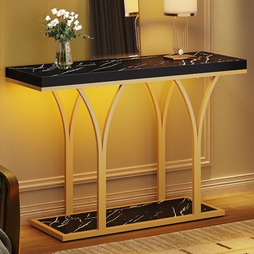YITAHOME Gold Console Table with LED Lights, Entryway Table, Modern Narrow Sofa Side Foyer Accent Table with Faux Marble Top Luxury for Entry Way, Hallway, Living Room, Faux Marble Black YITAHOME