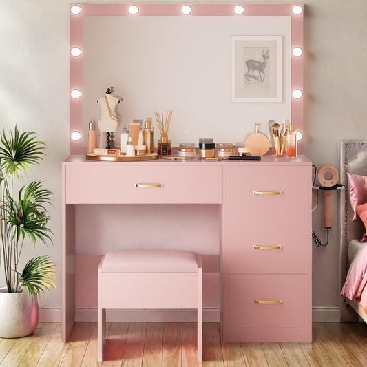 YITAHOME Makeup Vanity Desk with Large Lighted Mirror & Power Outlet, Makeup Vanity Set with 4 Drawers, Dressing Table with 3 Color Modes Available, Cushioned Bench, Bedroom, Pale Pink