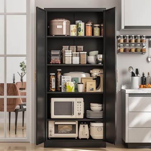 Kitchen Pantry Cabinet,71” Metal Tall Pantry Storage Cabinet with Doors and 4 Adjustable Shelves,Kitchen Storage Cabinets Black Freestanding Food Cabinet for Pantries, Kitchen, Livingroom, Dining Room BESFUR