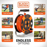 BLACK+DECKER 50 Ft. Retractable Extension Cord Reel With 4 Outlets, Multi-Plug Extension, Easy Handle Rewind & Heavy-Duty 14AWG SJTW Cable Black + Decker