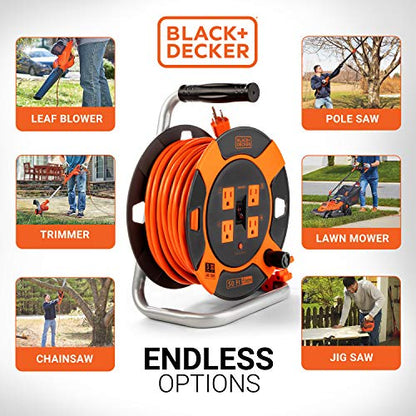 BLACK+DECKER 50 Ft. Retractable Extension Cord Reel With 4 Outlets, Multi-Plug Extension, Easy Handle Rewind & Heavy-Duty 14AWG SJTW Cable - WoodArtSupply