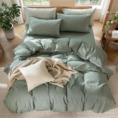 MooMee Bedding Duvet Cover Set 100% Washed Cotton Linen Like Textured Breathable Durable Soft Comfy (Heathered Green, King 104"x90") MooMee