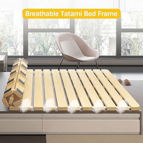 Folding Bed Frame, Natural Solid Wood Bed Frame,Japanese Platform Bed Frame Wooden Slatted Pallet Floor Bed, Roll-Up Slatted, 79" Lx39.4 W SUZEPER