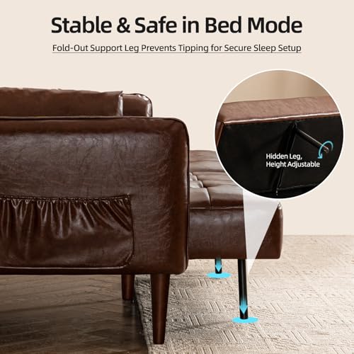 HALLYBEE Futon Sofa Bed, Sleeper Sofa, Small Couch with Storage Adjustable Armrests Pillows, Faux Leather Loveseat, Mid Century Modern Couches for Living Room, Bedroom, Apartment, Red Brown HALLYBEE