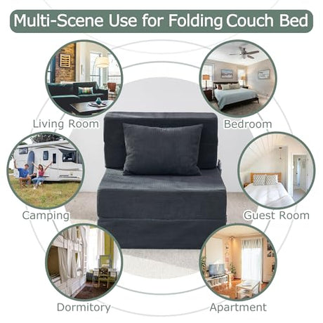 HILERO Folding Sofa Bed, 4 in 1 Convertible Sleeper Chair with Pillow, Single Memory Foam Fold Out Chair Bed, Modern Floor Futon Sofa Couch Mattress for Living Room/Guest/Apartment, Dark Grey HILERO