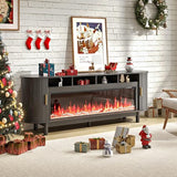 BVIUNTWO 70 Inch Modern Fireplace TV Stand for TVs up to 80 inches, Mid Century TV Console with Solid Wood Legs, Sliding Doors & Curved Design,Media Console for Living Room, Black BVIUNTWO