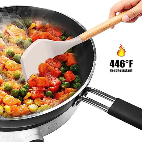 Silicone Cooking Utensils Set - 446°F Heat Resistant Silicone Kitchen Utensils for Cooking,Kitchen Utensil Spatula Set w Wooden Handles and Holder, BPA FREE Gadgets for Non-Stick Cookware (Khaki) oannao