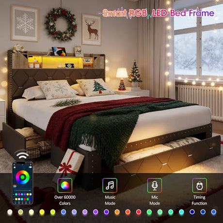 Maupvit Black Full Bed Frame with LED Lights and Storage Drawers, PU Upholstered Platform Bed Frame with LED Lights and Charging Station, 3-Tier Shelves, Rivet Trim, No Box Spring Needed, Noise Free Maupvit