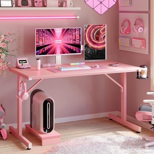 Bestier Small Gaming Desk with Monitor Stand, 42 inch LED Computer Desk, Gamer Workstation with Cup Holder & Headset Hooks, Modern Simple Style Desk for Home Office, Carbon Fiber Pink Bestier