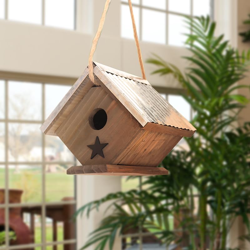 Cedar Wren House, Metal Roof Bird House for Wrens and Chickadees. Longime Lasting and Easy Cleaning; 5 Years Outdoor Performance, Weatherable. Wooden Birdhouse Bird House