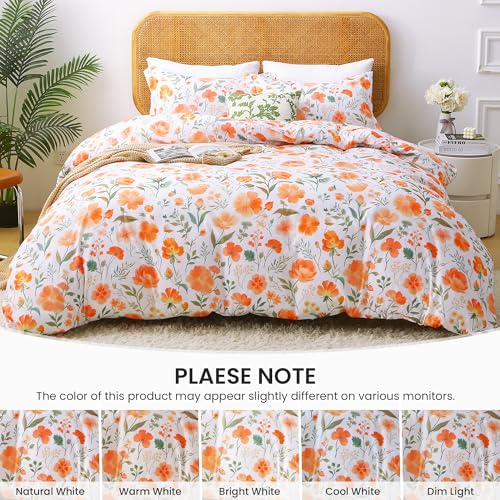 Mooreeke Floral Duvet Cover Queen Size, 3 Piece Orange Flower Duvet Cover Set with Zipper Closure, Soft & Breathable Microfiber Botanical Patterns Bedding Set with 4 Corner Ties and 2 Pillow Shams Mooreeke