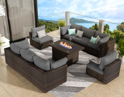 9 Pieces Patio Furniture Set with Fire Pit Table, Outdoor Rattan Sectional Sofa- All Weather High Backrest Wicker Couch Conversation Set with Waterproof Cushion for Backyard balcony Porch (Grey) Grezone