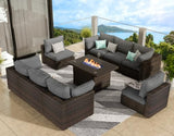 9 Pieces Patio Furniture Set with Fire Pit Table, Outdoor Rattan Sectional Sofa- All Weather High Backrest Wicker Couch Conversation Set with Waterproof Cushion for Backyard balcony Porch (Grey) Grezone