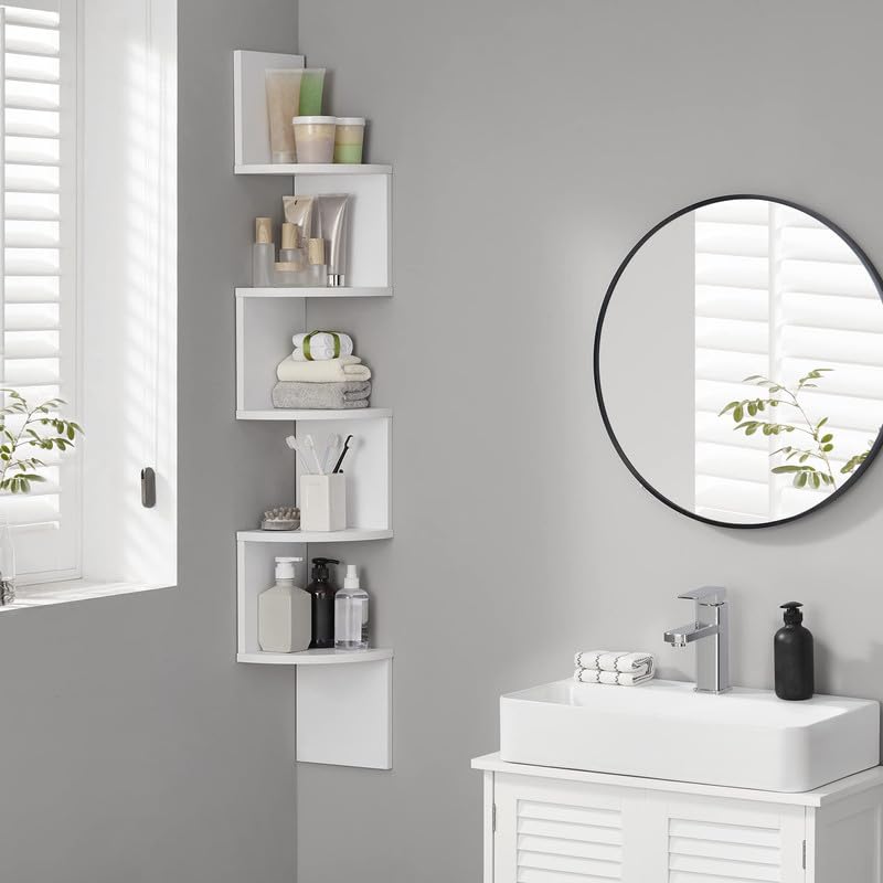 VASAGLE Corner Shelf Wall Mount, 5-Tier Floating Corner Bookshelf, Plant Shelf for Bedroom, Living Room, Bathroom, Home Office, Cloud White VASAGLE