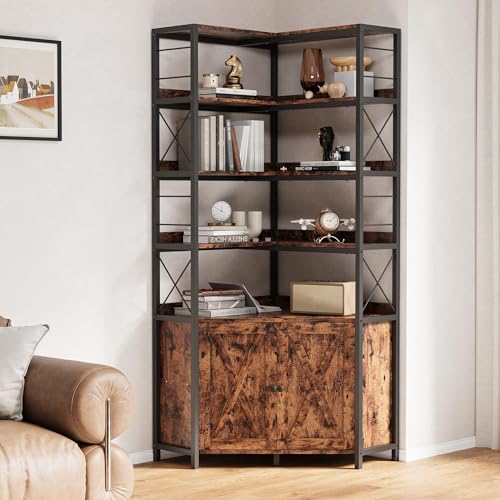 IRONCK Bookshelves 6 Tiers, Corner Bookshelf with Baffles, Bookshelves and Bookcases with Doors, Industrial Display Bookshelf for Living Room, Kitchen IRONCK