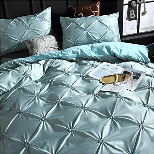 Erosebridal Blue Pinch Pleated Quilt Cover King Size Silk Like Satin Pintuck Bedding Set with Zipper Ruffle Design Luxury & Microfiber Comforter Cover Pintuck Decorative Bedspread Cover Erosebridal
