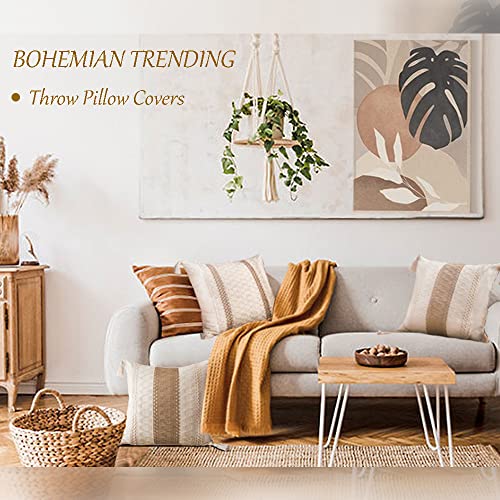 DUKYMIK Woven Farmhouse Accent Decorative Throw Pillow Covers for Couch Sofa - 18 x 18 Inch Decorative Boho Neutral Pillow Cushion with Tassels for Living Room, Natural Beige, Single Stripe DUKYMIK