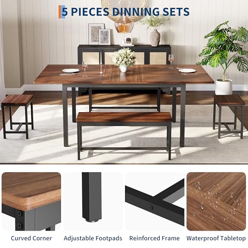IDEALHOUSE 5-Piece Extendable Dining Table Set for 4-8 People, 63 Inch Kitchen Table with 2 Benches & 2 Stools, Space Saving Modern Dining Room Furniture, Easy Assembly, Brown IDEALHOUSE