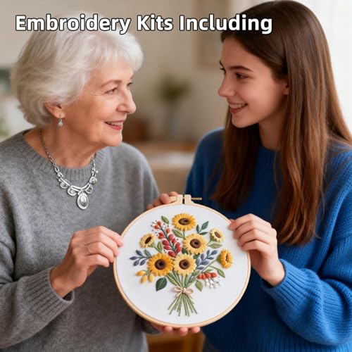 Herdiese Embroidery Kit for Beginners with Flower Pattern – Stamped Cross Stitch Kit Including Fabric, Hoop, Threads, Needles & Instructions – Complete DIY Hand Sewing Craft Set