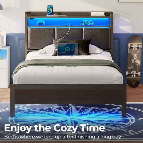 Rolanstar Bed Frame Twin Size with Charging Station and LED Lights, PU Leather Headboard with Storage Shelves, Heavy Duty Metal Slats, No Box Spring Need, Noise Free, Easy Assembly, Black Rolanstar