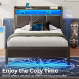 Rolanstar Bed Frame Twin Size with Charging Station and LED Lights, PU Leather Headboard with Storage Shelves, Heavy Duty Metal Slats, No Box Spring Need, Noise Free, Easy Assembly, Black Rolanstar