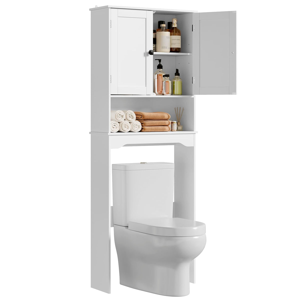 RRX Over The Toilet Storage Cabinet,Bathroom Above Toilet Cabinets Organizer, 24.8" L x 9.1 "W x 65.7 "H Free Standing Toilet Rack with Adjustable Shelf and Open Storage,Double Doors, White RRX