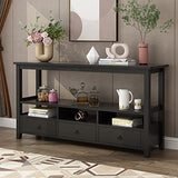 Karl home Console Table with 3 Bottom Drawers, 57.9" W Sofa Side Table Entryway Desk with 3 Storage Cubbies 1 Open Shelf, Vintage TV Stand for Hallway Living Room Office, Black 29.9" H Karl home