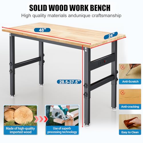 48" Workbench Desk with Power Outlets, Adjustable Height Rubber Wood Top Heavy-Duty Work Table, 2000 LBS Load Capacity Work Station for Garage, Workshop, Office, Home QYDS US