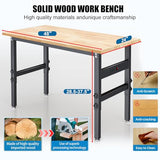 48" Workbench Desk with Power Outlets, Adjustable Height Rubber Wood Top Heavy-Duty Work Table, 2000 LBS Load Capacity Work Station for Garage, Workshop, Office, Home QYDS US