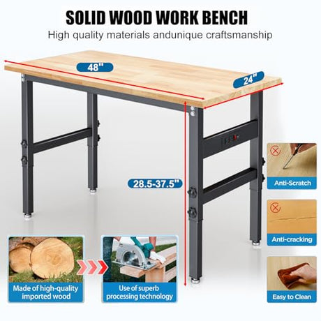 48" Workbench Desk with Power Outlets, Adjustable Height Rubber Wood Top Heavy-Duty Work Table, 2000 LBS Load Capacity Work Station for Garage, Workshop, Office, Home QYDS US