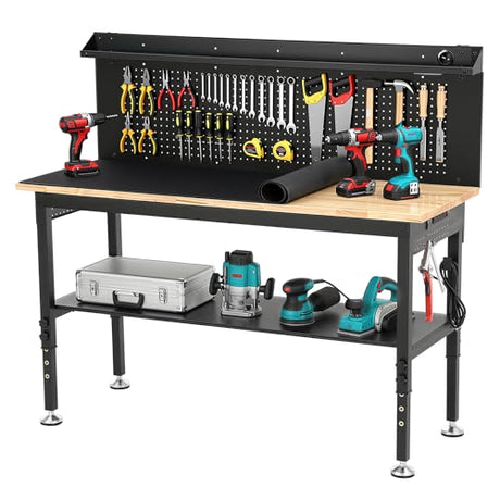 ENJOYWOOD 60'' Heavy Duty Workbench 3000 LBS Load Capacity Adjustable Height Garage Work Bench with Pegboard, Storage Shelf, Power Outlets and LED Light ENJOYWOOD