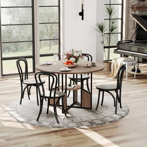 IDEALHOUSE ‌47 Inch Round Dining Table for 4-6 Person, Farmhouse Kitchen Table with Storage Shelf, Wood Circle Breakfast Nook Set with Metal Base for Small Space, Apartment, Dining Room, Walnut IDEALHOUSE