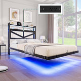 DWVO Twin Size Floating Bed Frame with RGB LED Lights and Charging Station, Upholstered Platform Bed Frame with 2-Tier Storage Shelf Headboard, Solid Metal Slats, Noiseless, Easy Assembly, Black DWVO