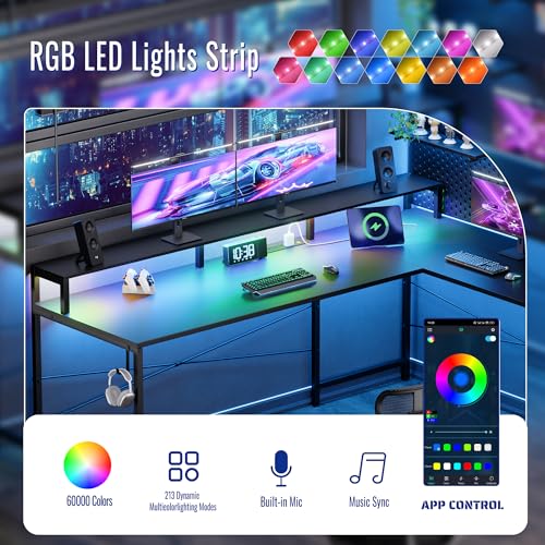 Pamray 64 Inch L Shaped Gaming Desk with Power Outlets and Led Lights, Large Corner Computer Desk with Monitor Stand and Pegboard, PC Table for Home Office and Bedroom White Pamray