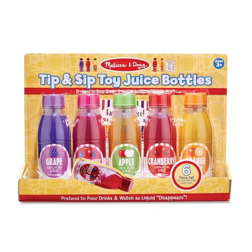 Melissa & Doug Tip & Sip Toy Juice Bottles and Activity Card (6 Pcs) - Pretend Play Food Set, Play Kitchen Food For Ages 3+ Melissa & Doug