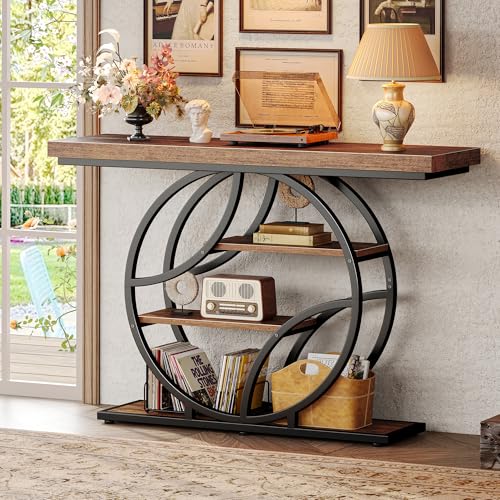 Huuger 47.2 Inch Entryway Table, Industrial Console Sofa Table with Storage, Accent Table with Shelves, for Entry, Hallway, Entrance, Foyer, O-Shaped Metal Frame, Rusitc Brown Huuger