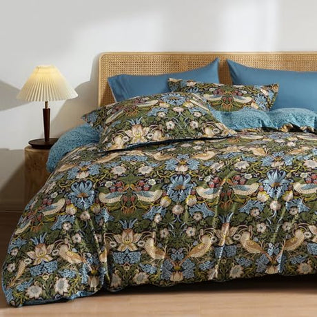 PHF Ultra Soft Floral Duvet Cover King Size, Revisible Boho Printed Vintage Bedding Set 3 Pieces, Comfy Durable Morris Garden Duvet Cover Set with 2 Pillow Shams, Zipper Closure and 8 Ties, 104"x90" PHF
