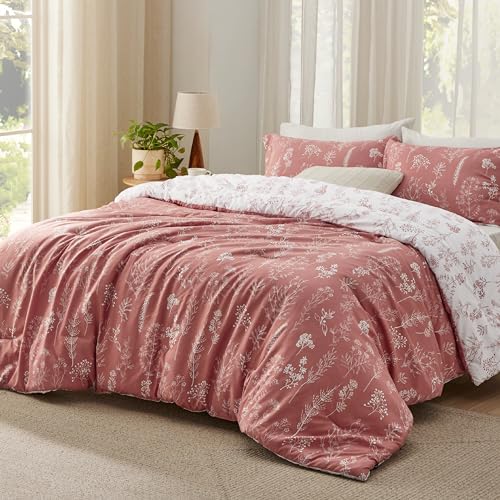 Bedsure Queen Comforter Set - Grayish Pink Bed Set, 3 Pieces Cute Floral Bedding, 1 Soft Reversible Botanical Flowers Comforter and 2 Pillow Shams Bedsure
