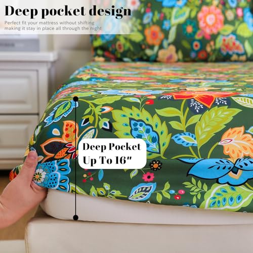 Bedlifes Full Sheet Set Ultra Soft, Breathable, Silky Flower Deep Pocket 100% Microfiber Bedding, 4 Piece Full Size with Floral Dark Green Bedlifes