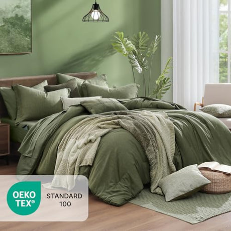Monbix Full Size Comforter Set, Olive Green Bedding Comforter for Full Size Bed Set Reversible, Bedding Sets Full 7 Pieces, Cationic Dyeing Bed in a Bag with Comforter, Sheets, Pillowcases & Shams Monbix