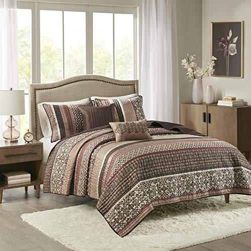 Madison Park Quilt Set Luxurious Jacquard Stripes Design - All Season, Coverlet Bedspread Lightweight Bedding Layer, Shams, Decorative Pillow, Full/Queen(90"x90"), Floral Red 5 Piece Madison Park