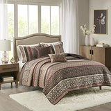 Madison Park Quilt Set Luxurious Jacquard Stripes Design - All Season, Coverlet Bedspread Lightweight Bedding Layer, Shams, Decorative Pillow, Full/Queen(90"x90"), Floral Red 5 Piece Madison Park
