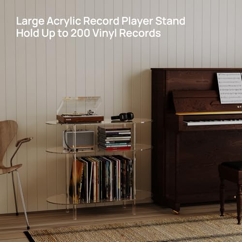 HMYHUM Acrylic Record Player Stand with Vinyl Storage, 35.4" L x 15.7" W x 30.1" H, Large Turntable Stand Table Holds Up to 200 Albums, 3-Tier Clear Vinyl Record Holder for Living Room, Bedroom HMYHUM