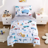 NacoMoco 4-Piece Cars Toddler Bedding Set for Boys Girls- Soft & Skin Friendly Toddler Bed Set Includes Toddler Comforter, Flat Sheet, Fitted Sheet and Pillowcase (Light Blue) NacoMoco