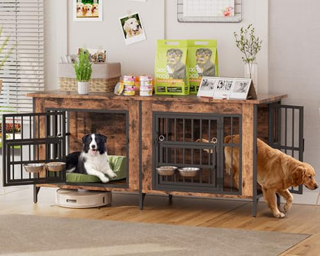 Grepatio 63" Dog Crate Furniture for 2 Dogs, Large Dog Kennel with 360° Rotating Feeder Bowls, Indoor Double Dogs Crates with 4 Doors, Wooden Crate TV Stand with Removable Divider Grepatio