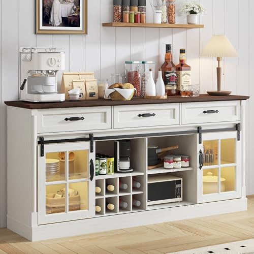 St.Mandyu 66" Sideboard Buffet Cabinet with Drawers, Farmhouse Buffet Table with Storage, Modern Coffee Bar Wine Bar Cabinet with Barn Doors for Kitchen, Dining Room, Living Room, White St.Mandyu