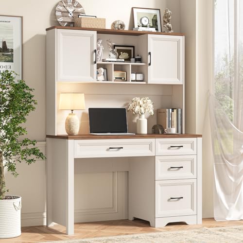 Vabches Farmhouse Executive Desk with 4 Drawers and Storage Cabinet, Rustic Large Home Writing Desk with Hutch, Workstation for Bedroom, White Vabches