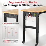 ENJOYWOOD Workbench with Wheels 60 Inch Rubberwood Tabletop Garage Workbench Adjustable Height Work Bench with Pegboard, Power Outlets for Woodworking, Home, Office, Workshop ENJOYWOOD